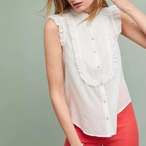 Anthropologie Feather Bone Blouse XS Womens 0 White Ruffle Bib Swiss Dot Soneva